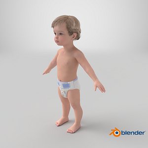 Boy Aged 1 Year in Diaper A-Pose