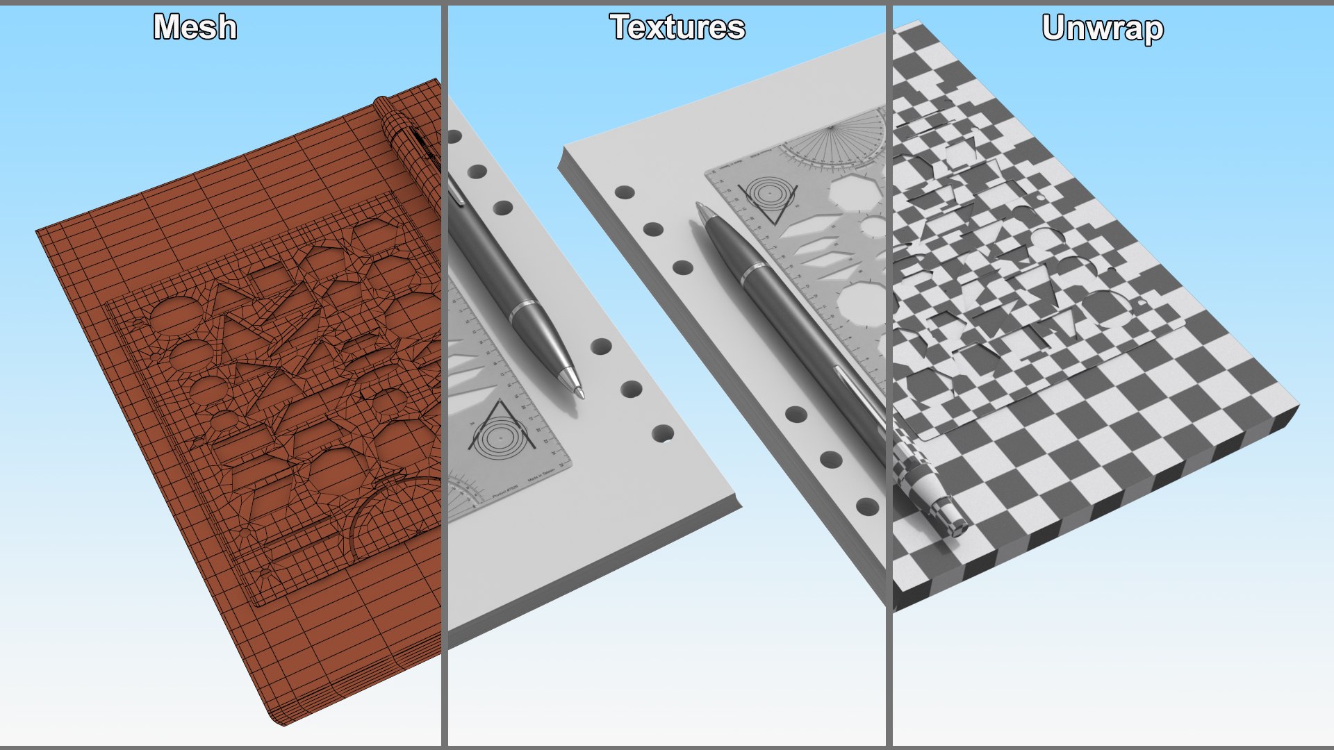 3D Sheets Of Paper With Ruler And Pen Model - TurboSquid 2422758