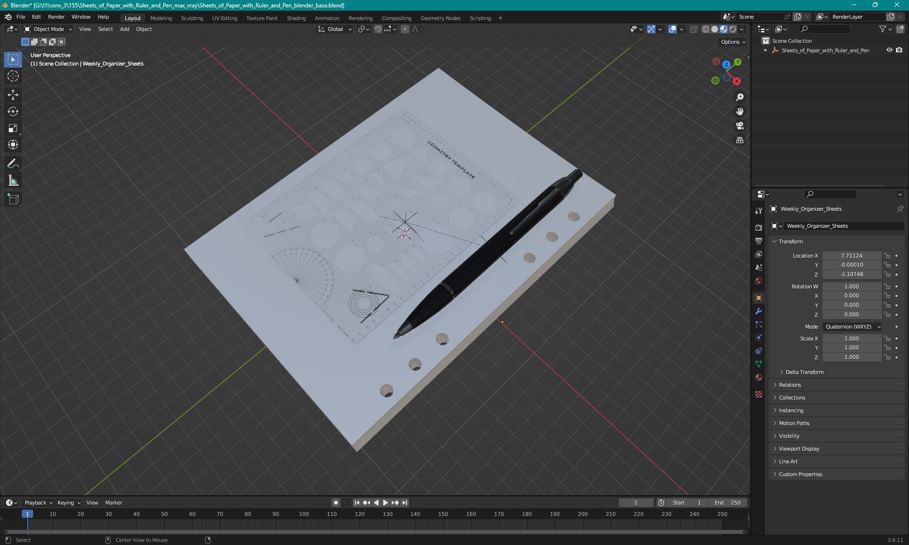 3D Sheets Of Paper With Ruler And Pen Model - TurboSquid 2422758