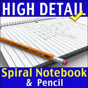 Spiral Notebook and Pencil 3D Model