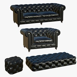 3D Chesterfield Sofa Realistic Leather Table Ottoman model