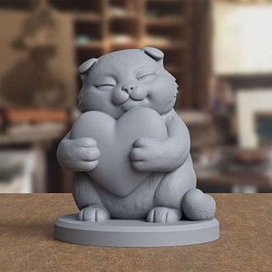 Stylized Heart-Holding Cat Statue 3D Print Model