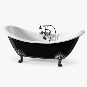 Black Double Slipper Clawfoot Bath with Black Feet and Plumbing 3D model