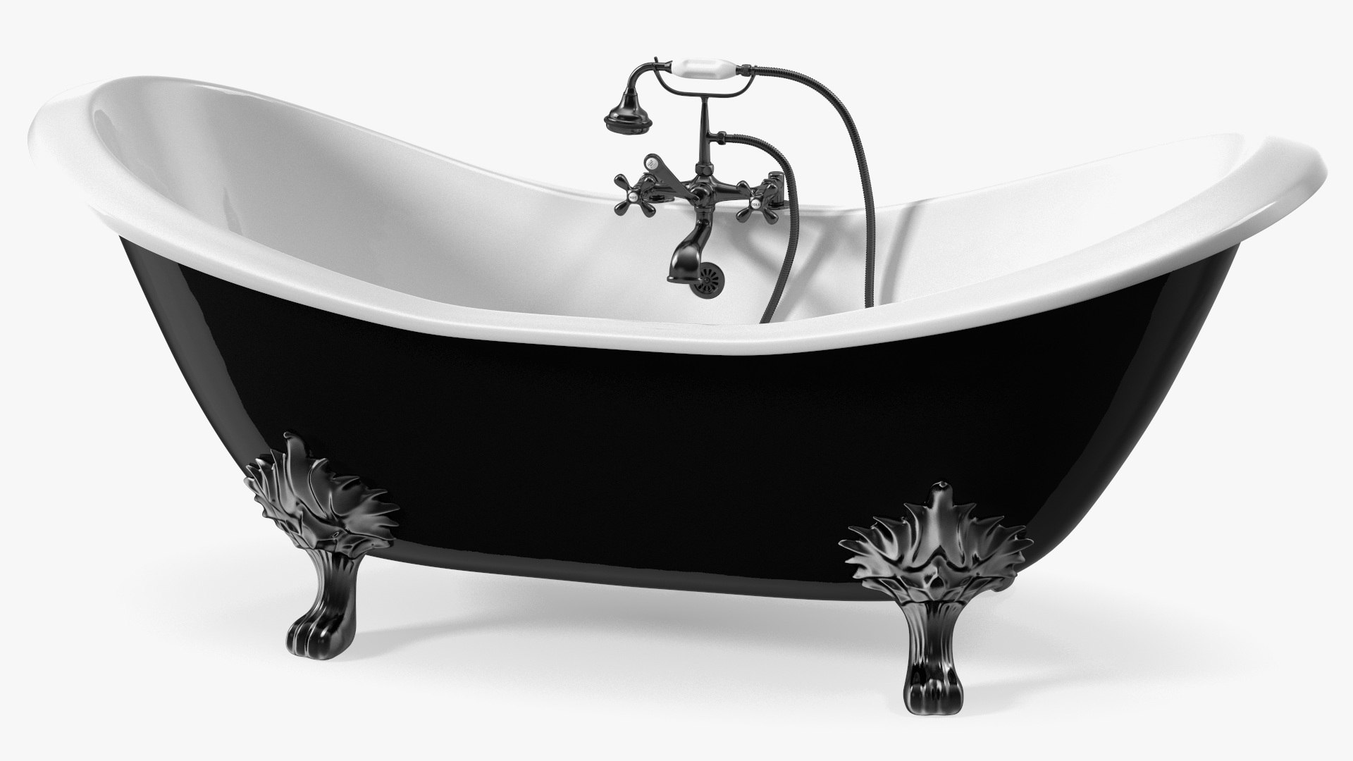 Black Double Slipper Clawfoot Bath with Black Feet and Plumbing 3D model preview