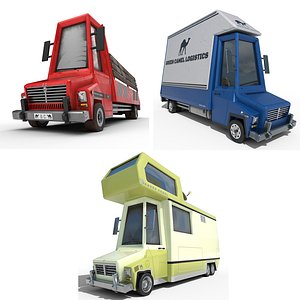 Low-Poly Cartoon Caravan, Truck and Box Truck