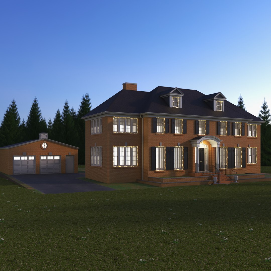 Colonial House with Detached Garage and Garland 3D model preview