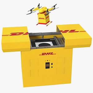 DHL Express Delivery Drone Station with Quadcopter Rigged