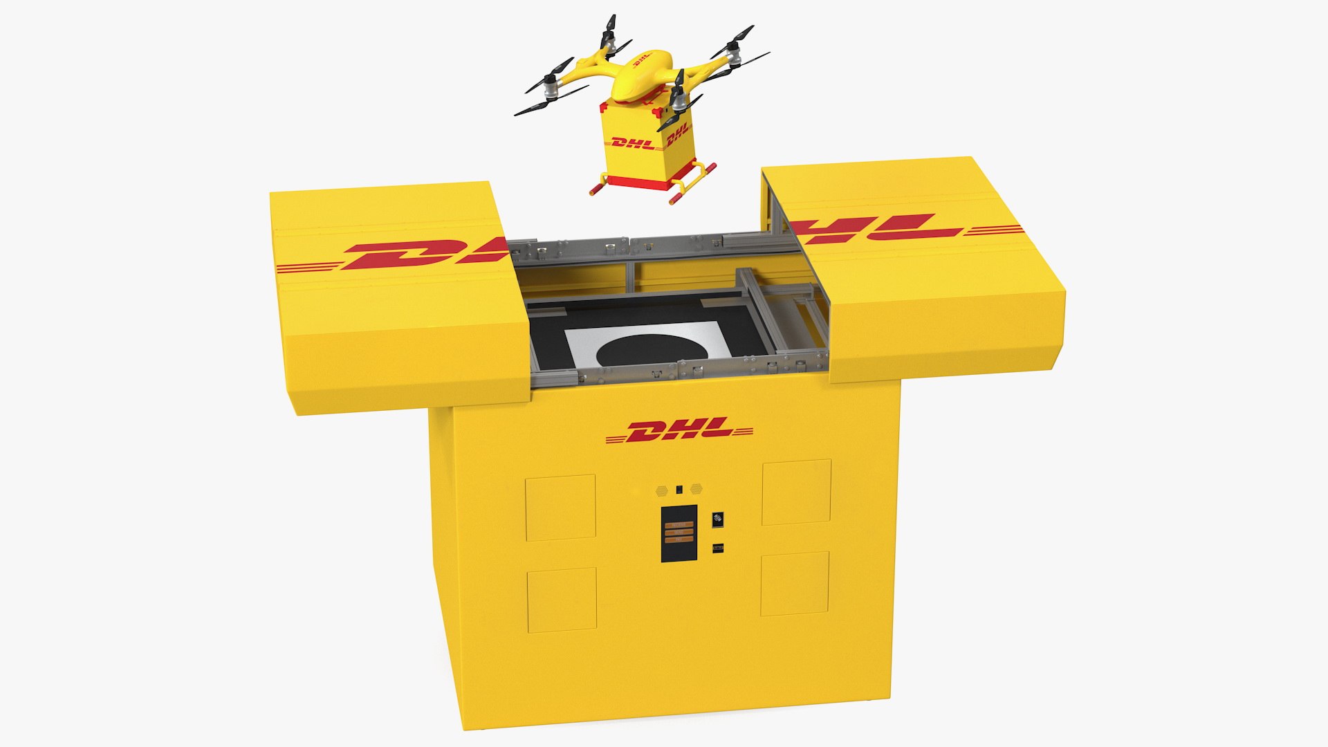 DHL Express Delivery Drone Station with Quadcopter Rigged 3D model preview