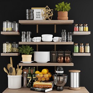 Kitchen accessories on wood shelves model