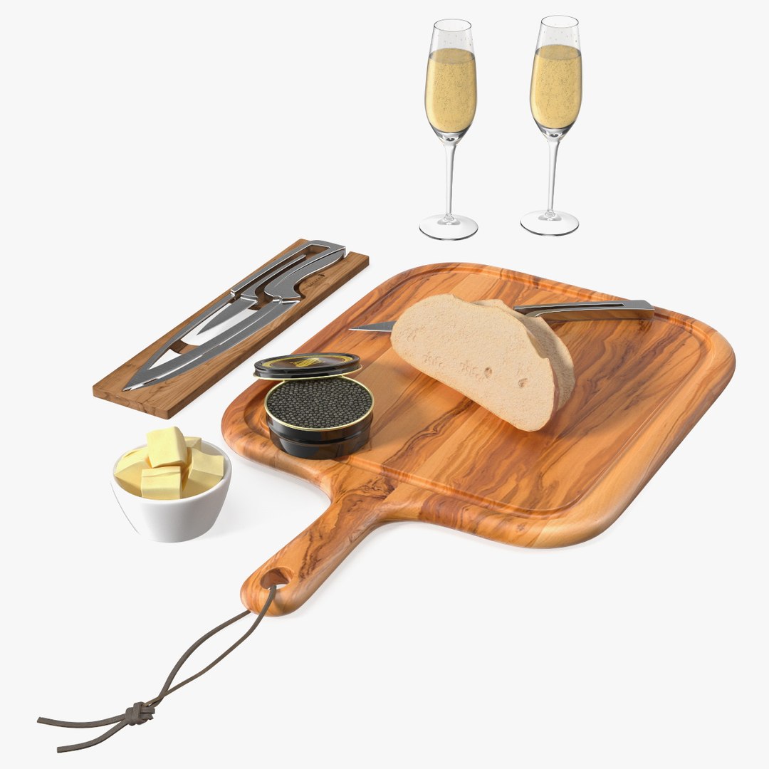 Marshallberg Sturgeon Caviar and Bread on Olive Wood Board 3D model for architectural visualization, exterior scenes, interior design, real estate presentation, and rendering