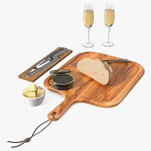 3D Marshallberg Sturgeon Caviar and Bread on Olive Wood Board