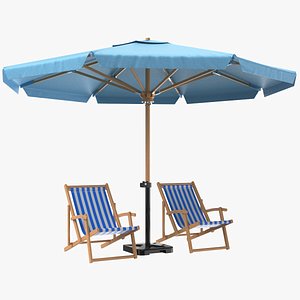 Detailed Patio Beach Umbrella With Chair model