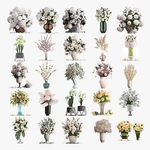 Collection of white flower bouquets in vases 27 pieces
