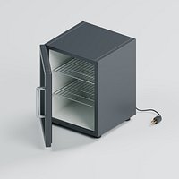 Compact Hotel Minibar with Open Door and Interior Shelves