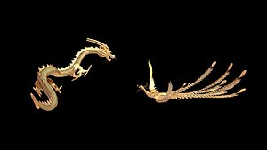3D gold dragon phoenix