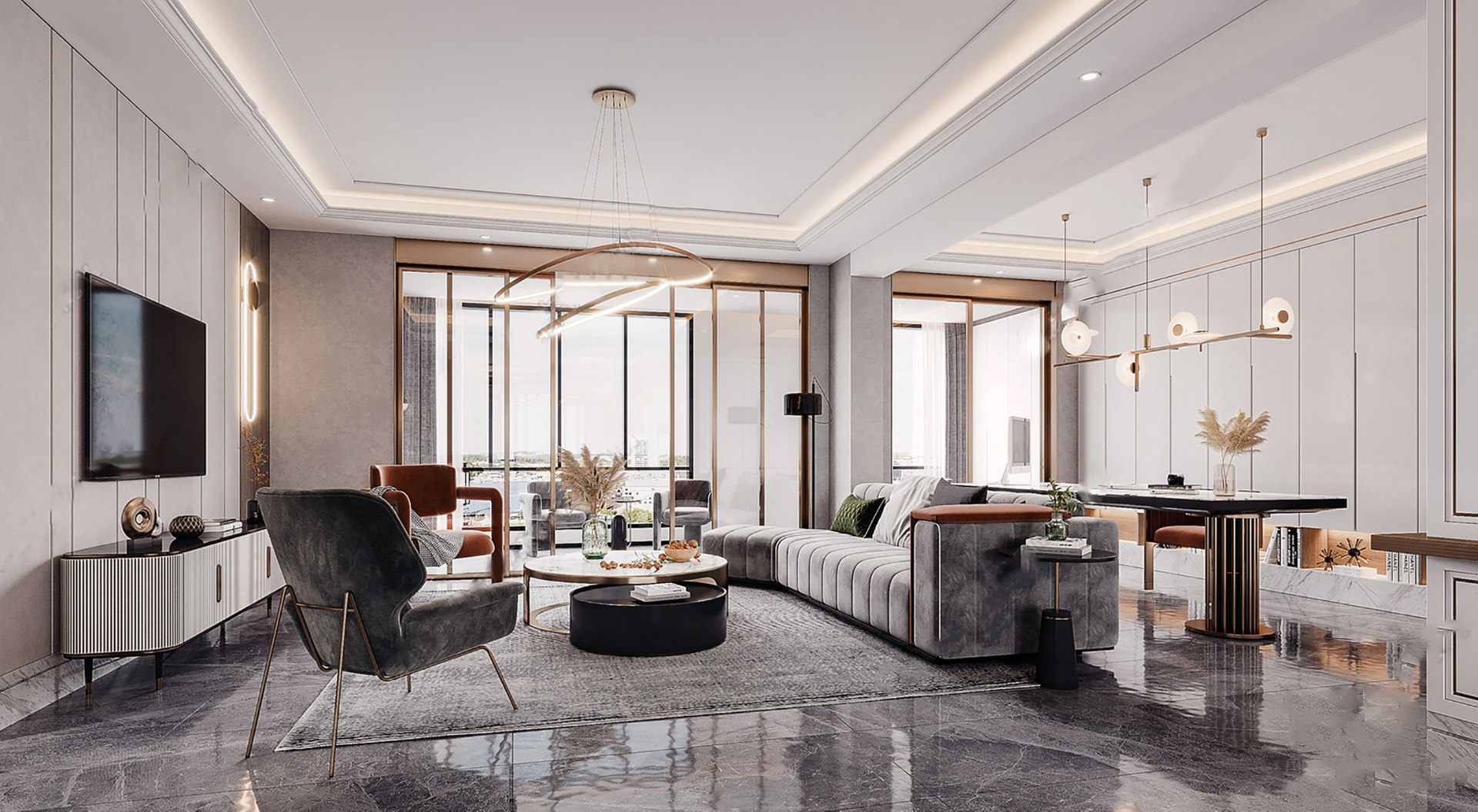 3D модель SKP-I-22-06-0001 Light luxury living and dining room ...