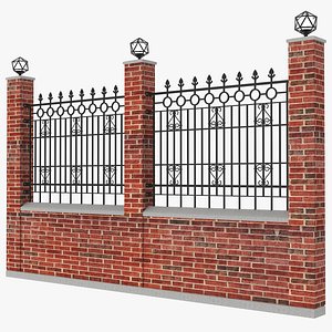 3D Brick and Metal Fence with Ornamental Ironwork model
