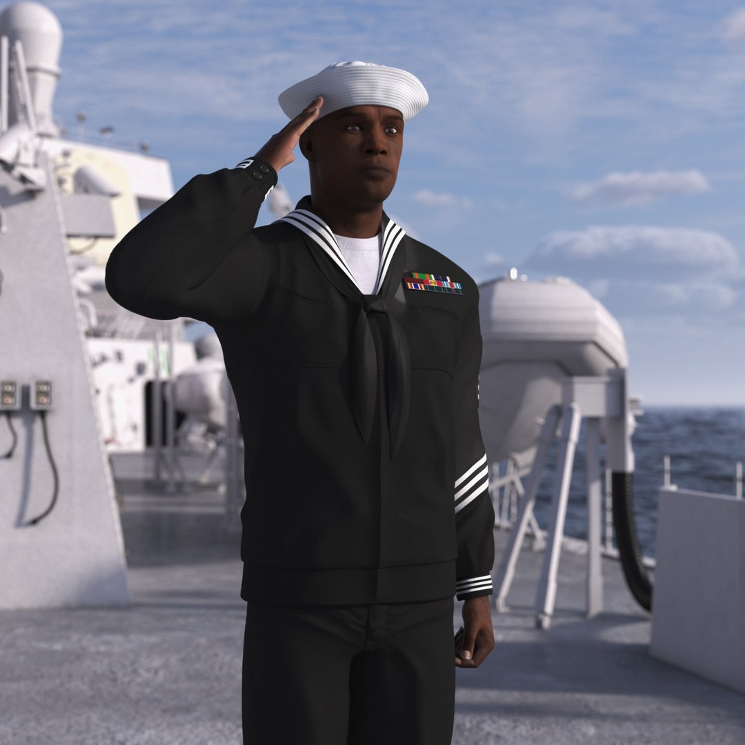 Afro American Sailor in Black Uniform Saluted 3D model preview