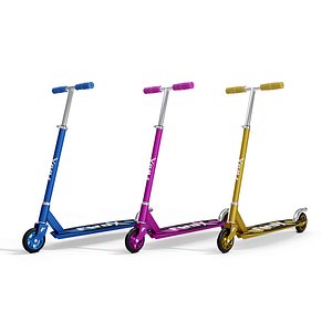 A collection of 3 sporty kick scooters with metallic rims(1) 3D