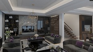 apartment living room kitchen scene model