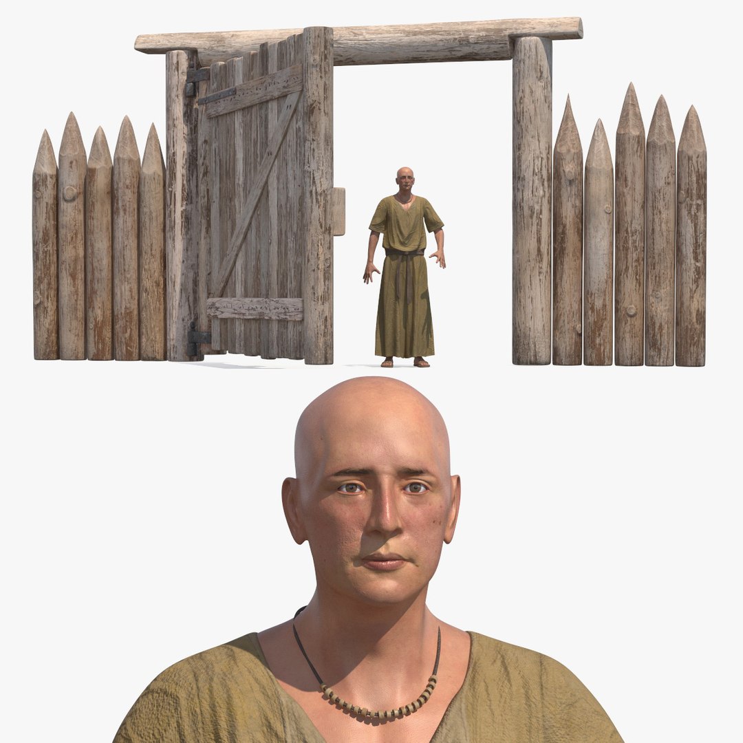 Medieval Wooden Gate and Monk 3D model preview