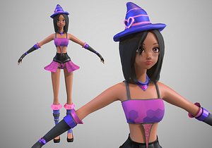 stylistic cartoon girl witch 3D model