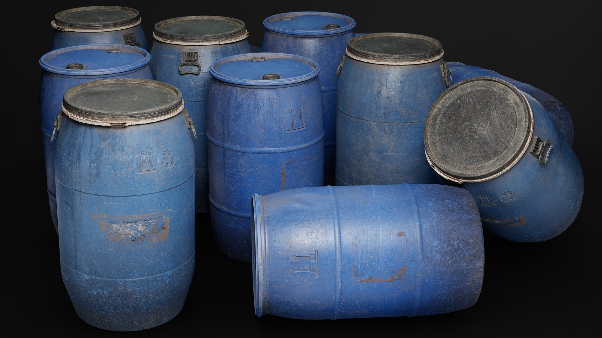 3D Model Weathered Blue Plastic Barrels Pack - Game Ready PBR ...