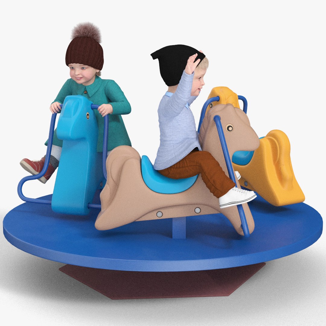 Children Riding Carousel Fur Rigged 3D model preview