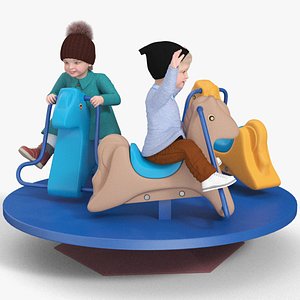 Children Riding Carousel Fur Rigged 3D