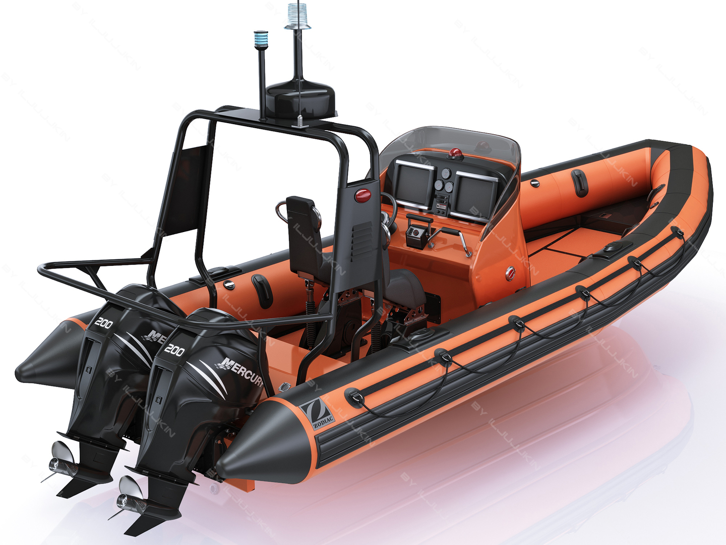 modelo 3d Bote salvavidas inflable Zodiac RIB Hurricane y motor Mercury ...