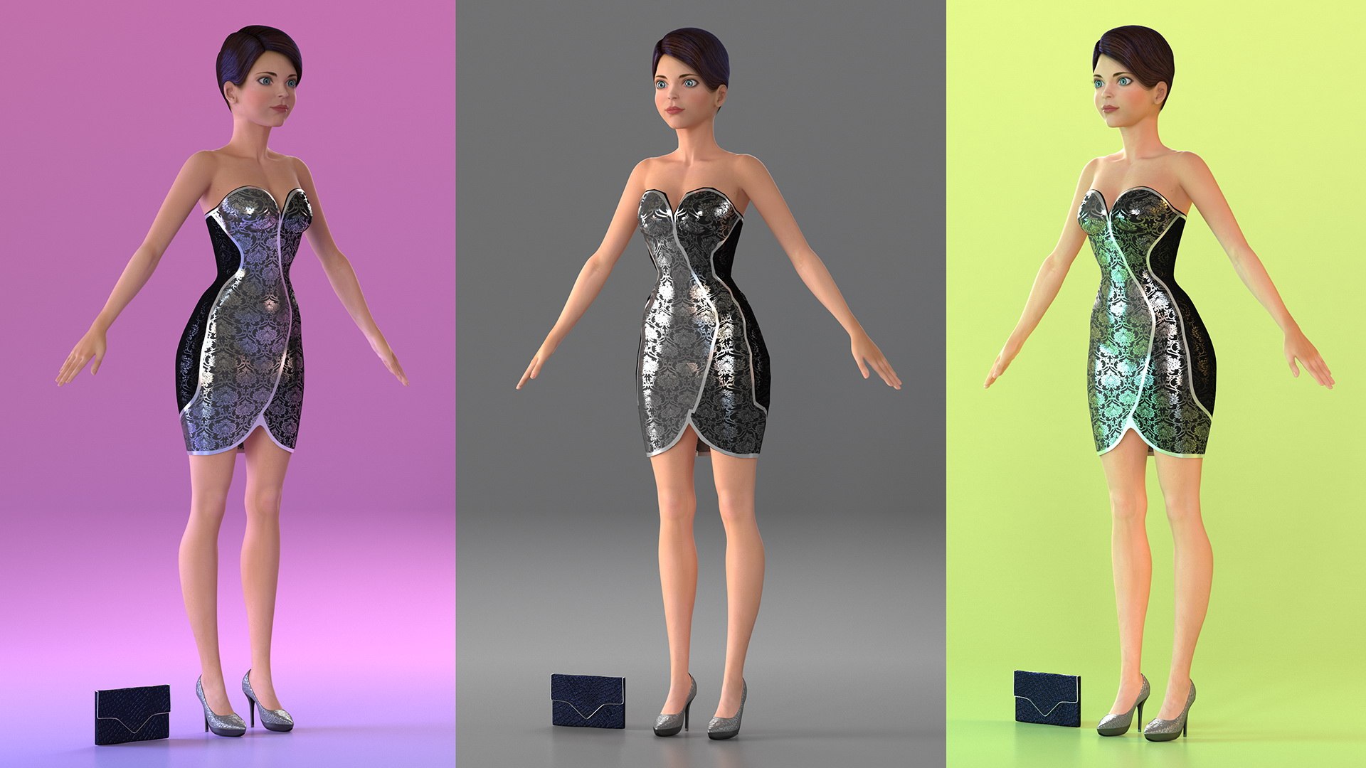 Cartoon Young Girl Party Clothes Rigged 3D model preview
