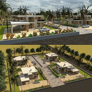 3D Low-Poly Modern House Neighborhood 3D Exterior Scene model