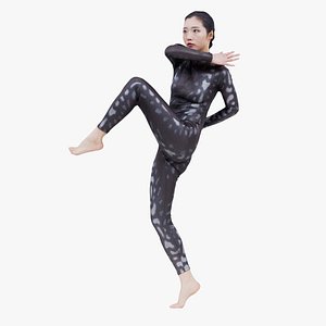 Asian Woman Wearing Snake Print Catsuit 010 Remastered model