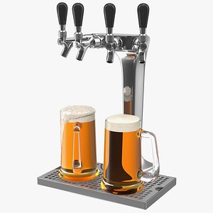 Four Tap Stainless Steel Beer Tower with Beer Mugs