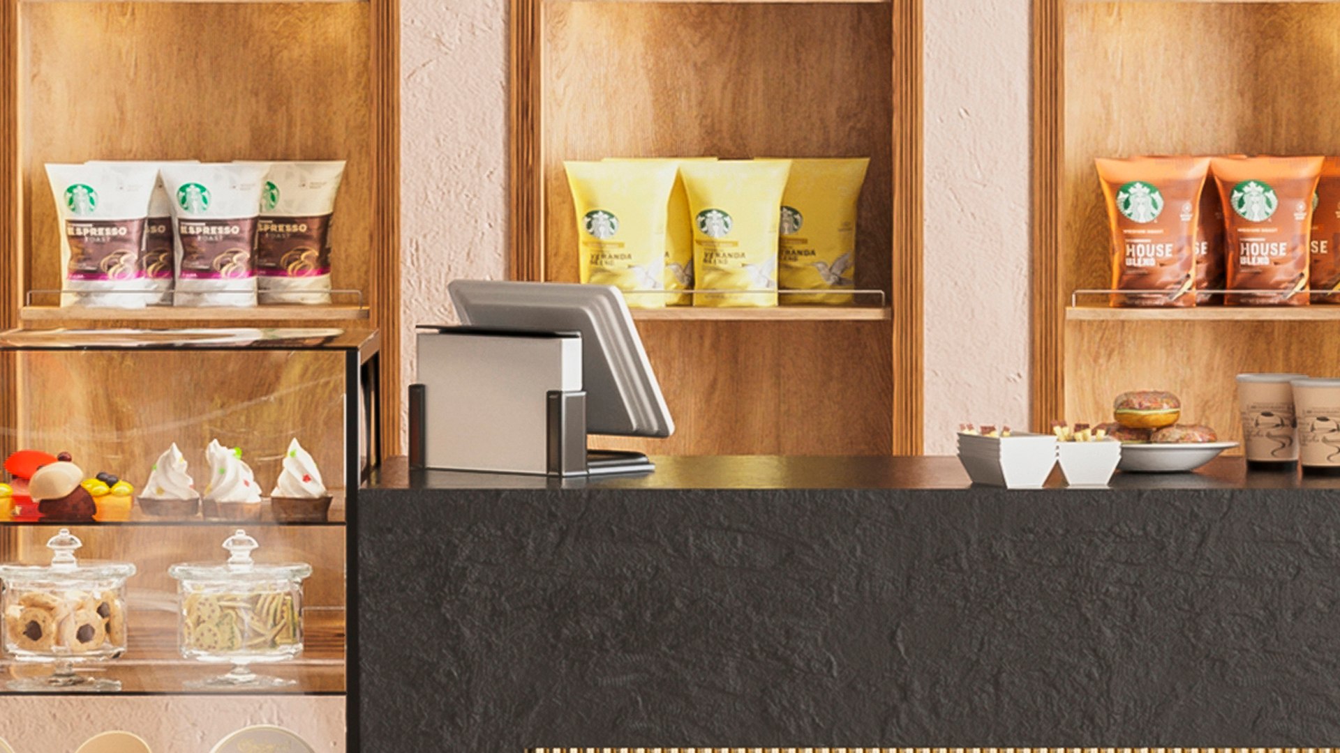 3D Coffee With A Showcase With Desserts Model - TurboSquid 2021365