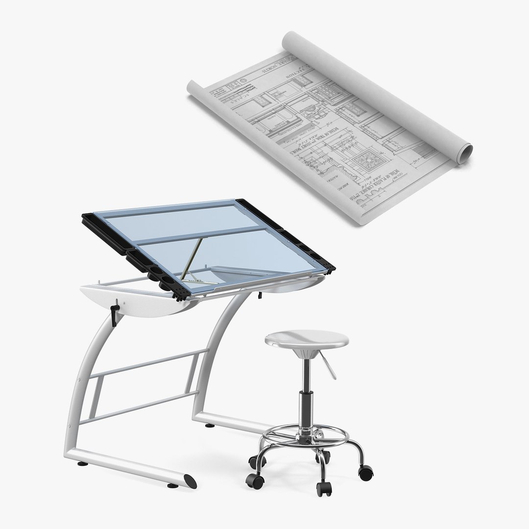 Rigged Drafting Table with Blueprints Collection 3D model preview