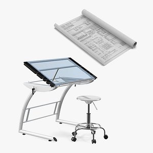 Rigged Drafting Table with Blueprints Collection 3D model
