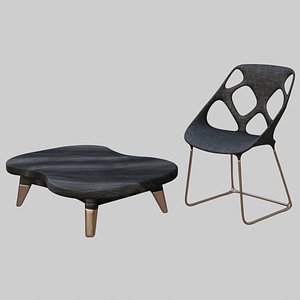Dark grey fabric chair and dark wood coffee table 3D model