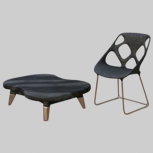Dark grey fabric chair and dark wood coffee table