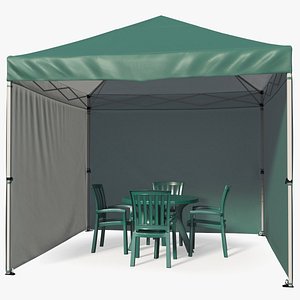 Green Outdoor Gazebo Tent with Plastic Furniture 3D model