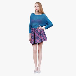 3D model Sexy Woman with Long Legs Skirt White Heels and Knit Transparant Pull Posing 1 Remastered