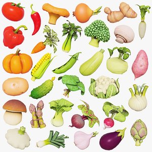 Cartoon vegetables, mushrooms and fruits set