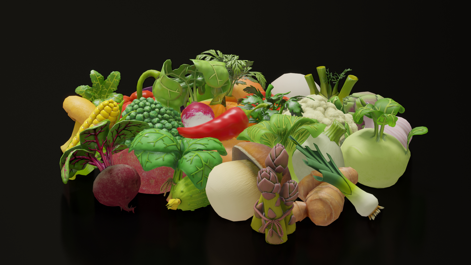 3D Cartoon vegetables, mushrooms and fruits set model - TurboSquid 1727394