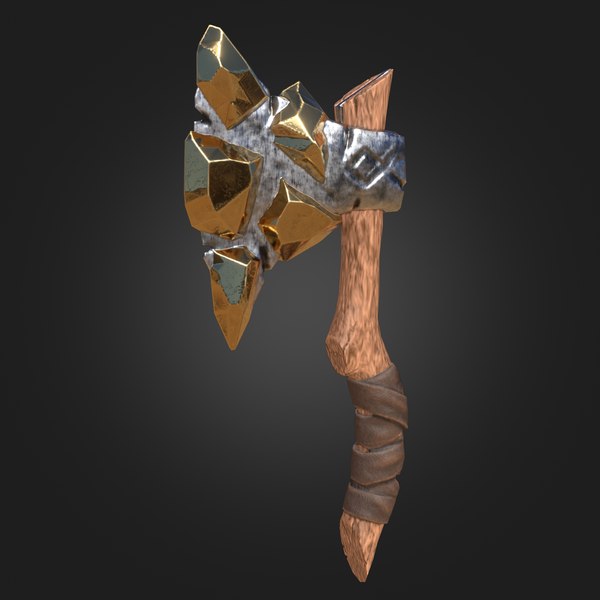 3d stylized melee weapon axe with golden crystals pbr game ready