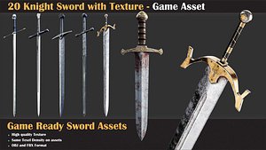 3D 20 Knight Sword with Texture - Game Asset model