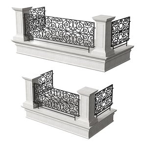 3D Classic Marble Balcony with Wrought Iron Railings and Square Columns 2