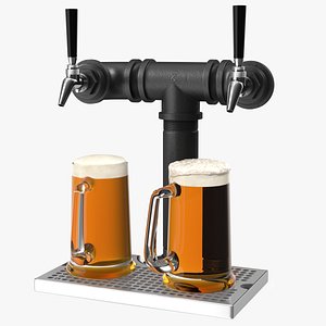 Black Iron Pipe Beer Tower Double Tap with Beer Mugs model