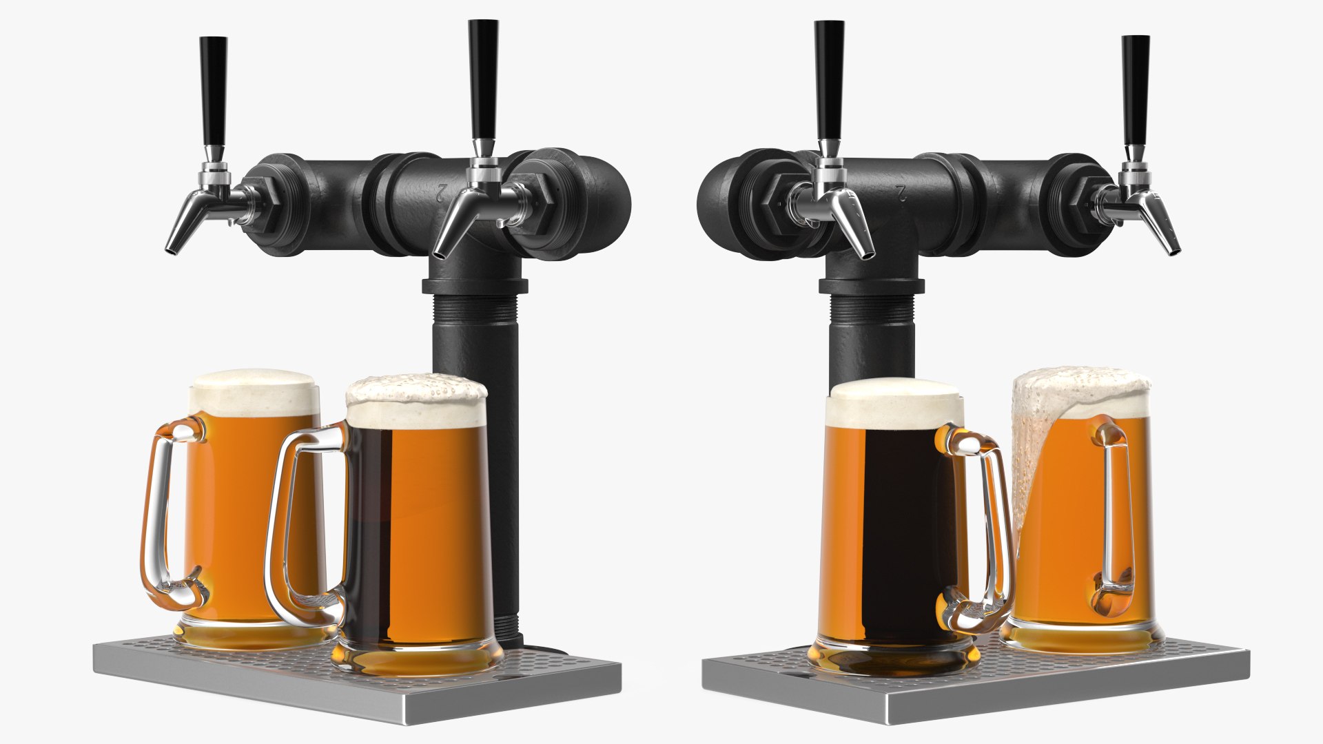 Black Iron Pipe Beer Tower Double Tap with Beer Mugs 3D model preview