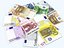 3d set euro coins bills