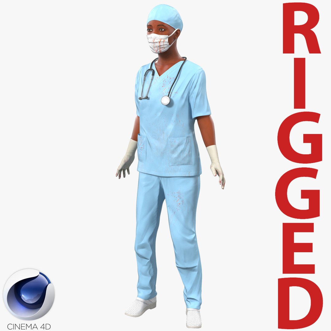 Female Surgeon African American Rigged with Blood for Cinema 4D 3D Model 3D model preview